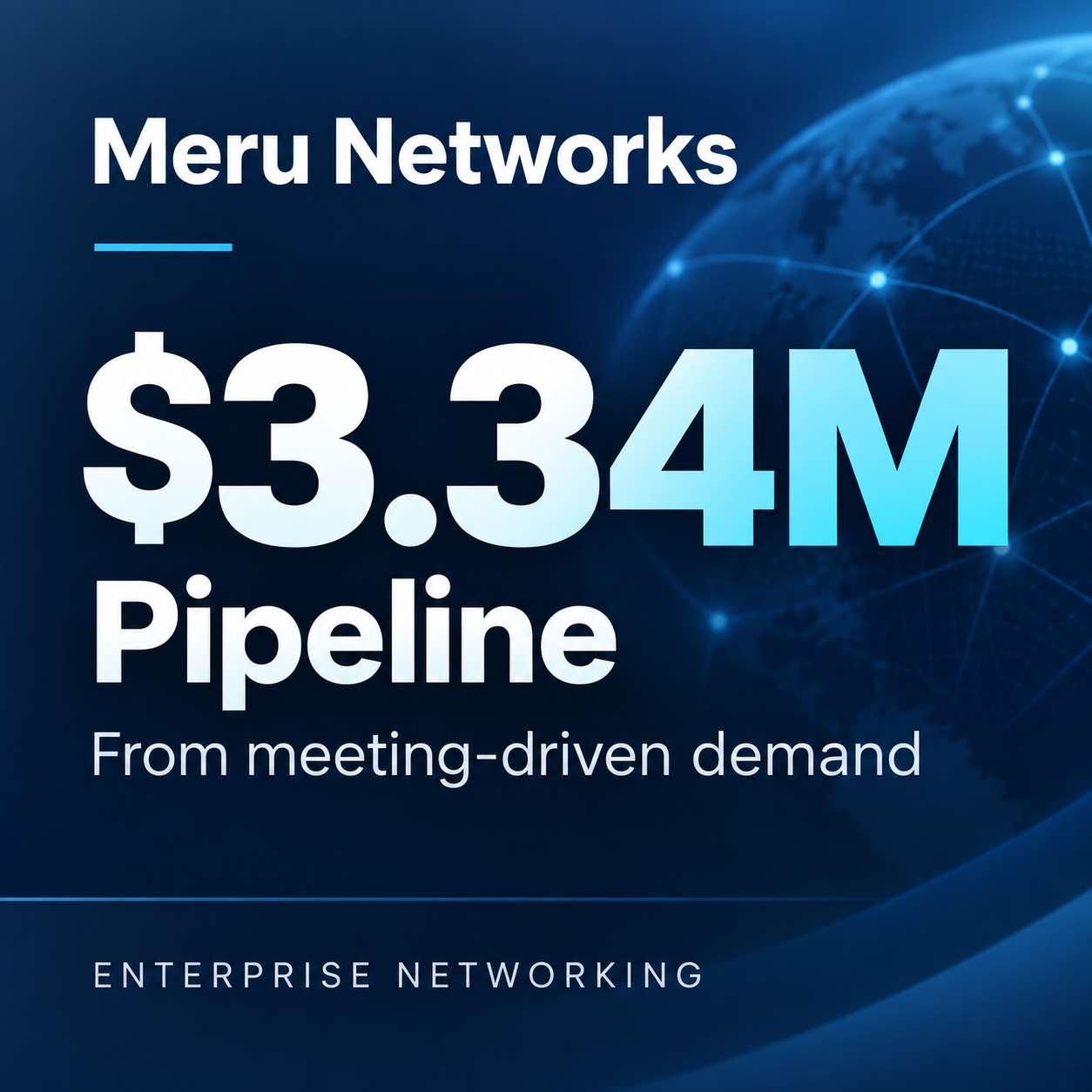Meru Networks case study graphic: $3.34M pipeline from meeting-driven demand, enterprise networking